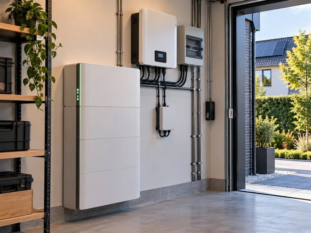 Thuisbatterij en omvormer in een technische ruimte