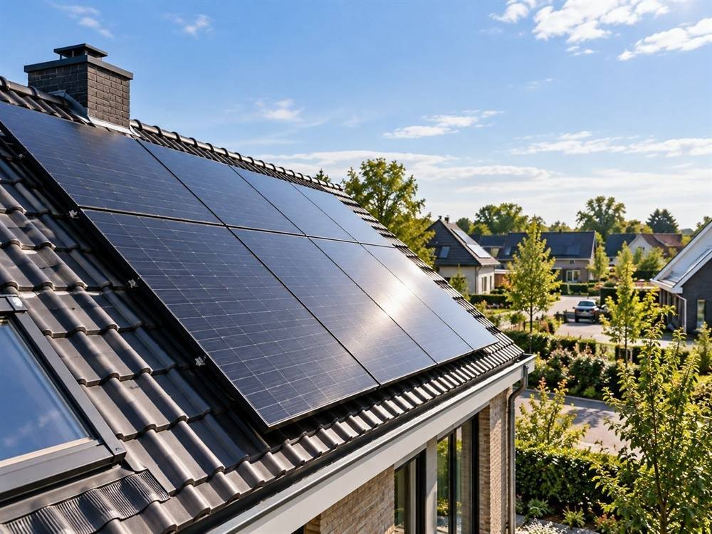 Zonnepanelen in een strak patroon op een dak