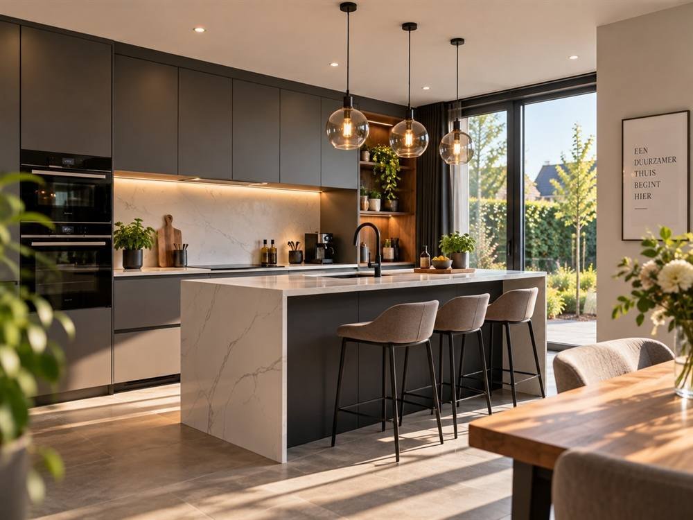 Nieuwe keuken met inductiekookplaat, verlichting en aansluitingen