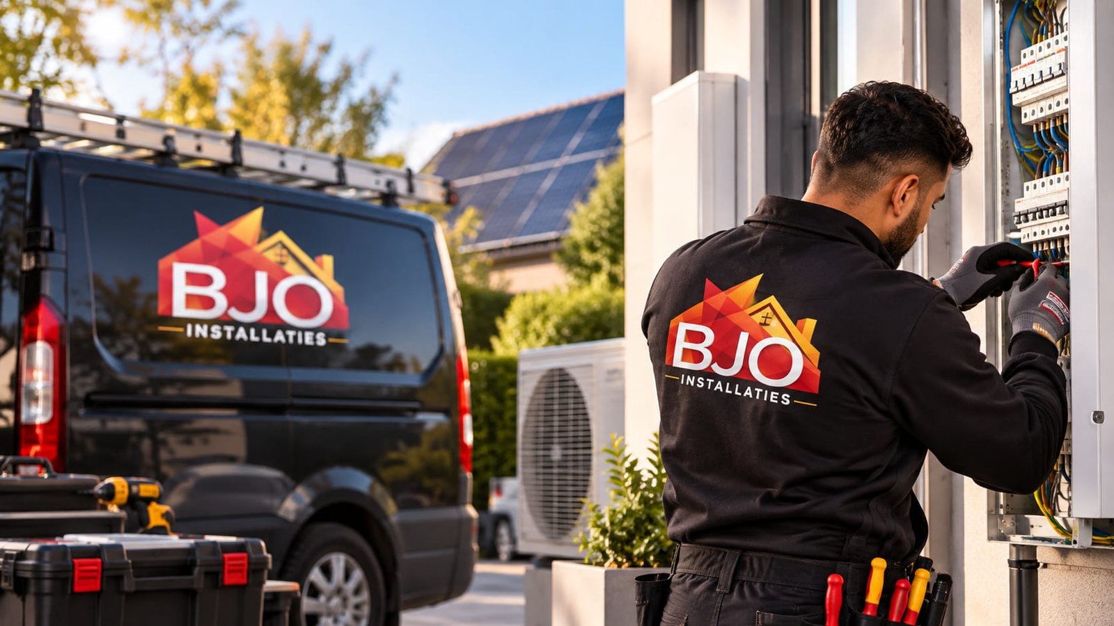 Monteur van BJO Installaties aan het werk bij een meterkast, met de BJO-bus en zonnepanelen op de achtergrond