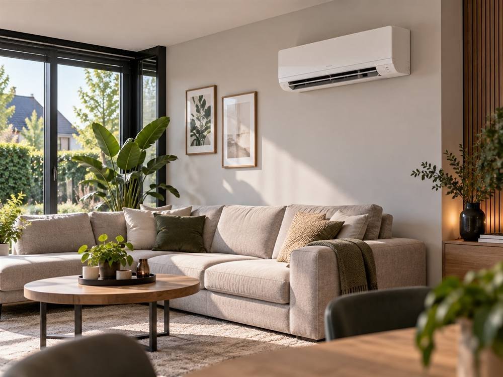 Woonkamer met een airconditioning-unit aan de wand