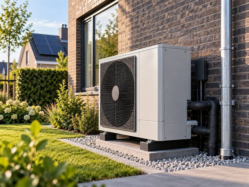 Buitenunit van een warmtepomp naast een woning