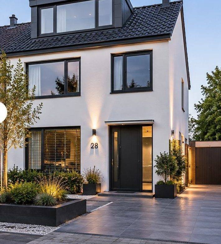 Dezelfde woning na de renovatie, met nieuwe gevel en entree