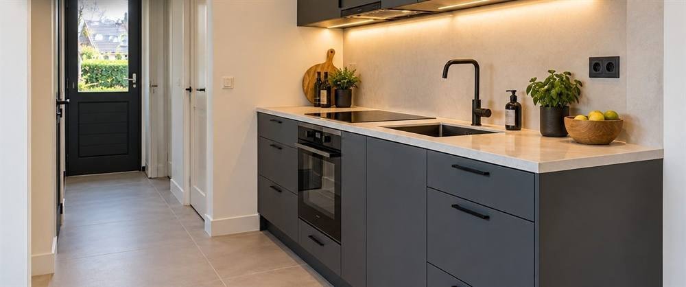 De keuken na de werkzaamheden, met nieuwe aansluitingen en verlichting