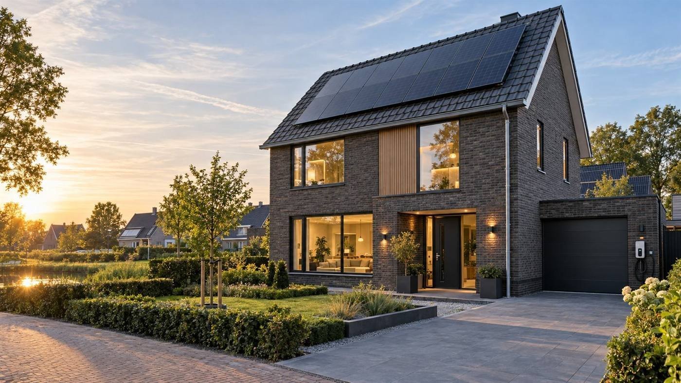 Moderne woning met zonnepanelen in de avond